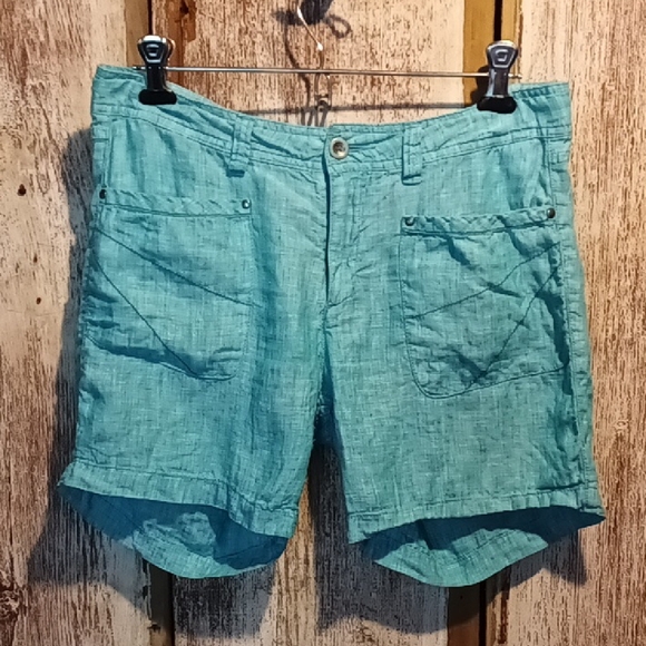 Horny Toad Pants - Horny Toad Linen Far flung Shorts Aqua Patch Pockets Drawstring Zip Button 6